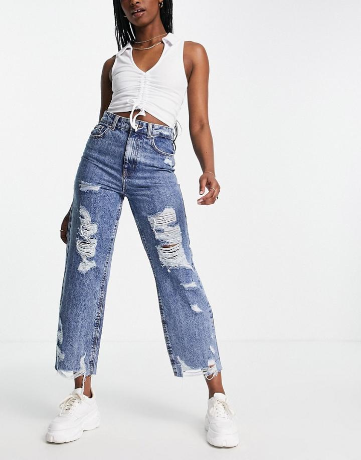 Only Cropped Straight Leg Distressed Jeans In Medium Blue