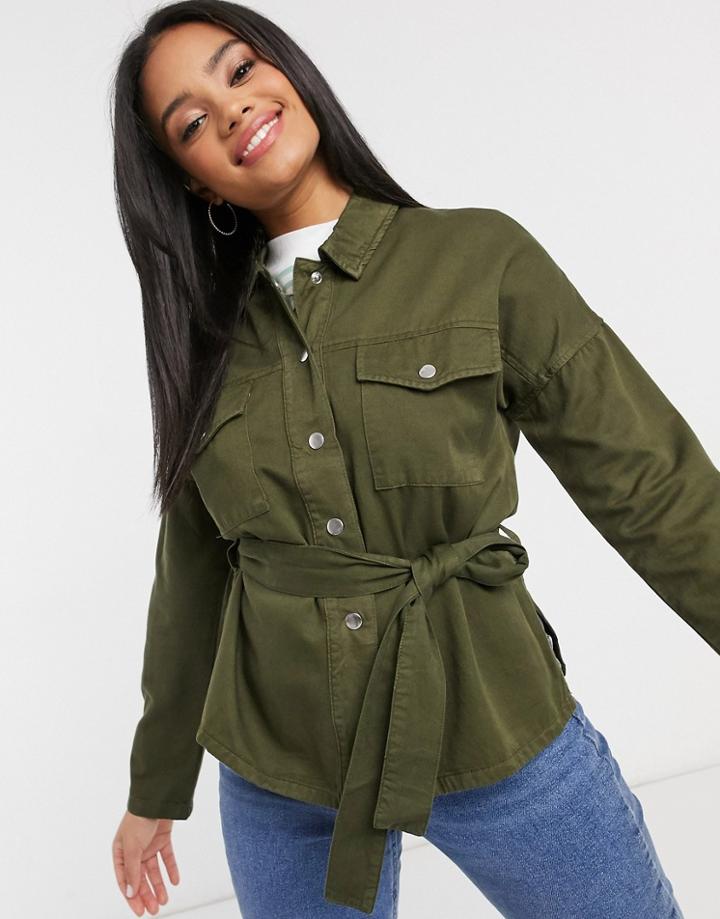 Miss Selfridge Khaki Belted Jacket In Khaki-green