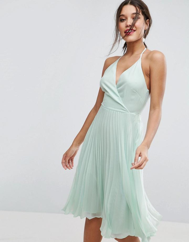 Asos Pleated Midi Dress With Halter Neck - Green