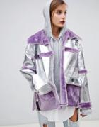 Story Of Lola Pu Aviator Jacket With Contrast Faux Fur Trim - Silver