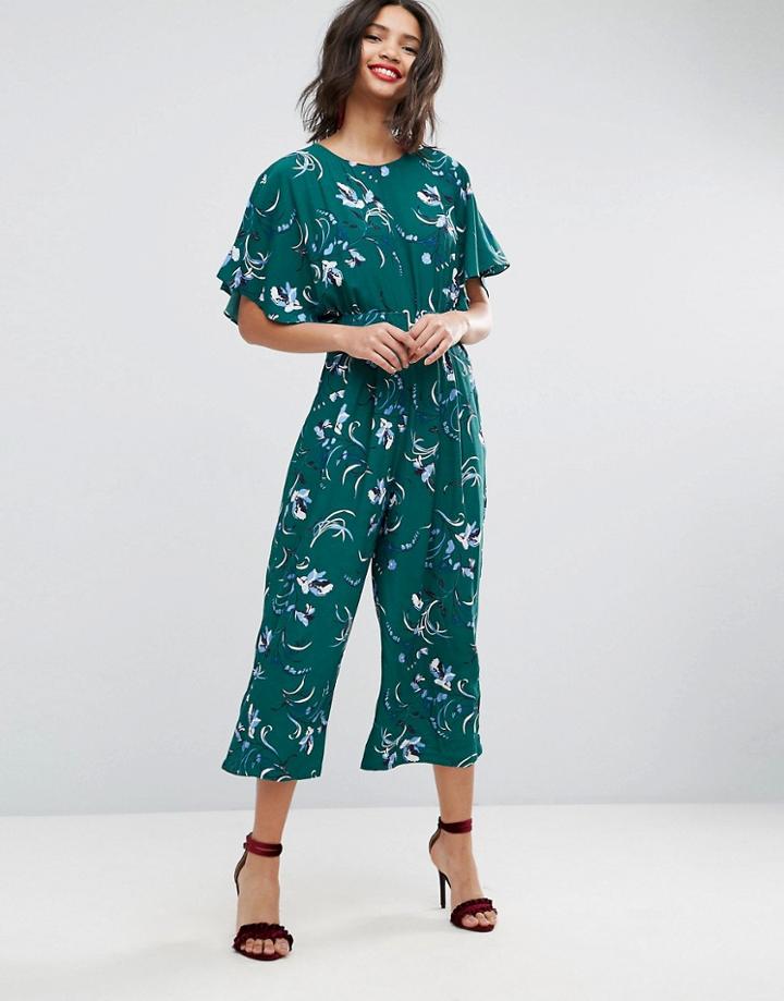 Asos Tea Jumpsuit With Elasticated Belt In Print - Multi