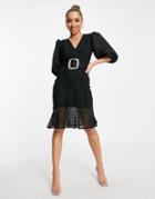 Asos Design Puff Sleeve Wiggle Lace Midi Dress With Pocket Detail In Black