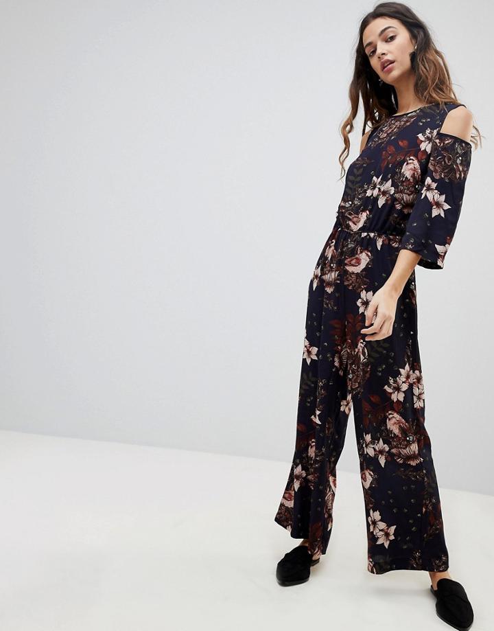 Y.a.s Ilvaly Floral Cold Shoulder Jumpsuit - Navy
