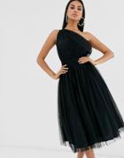 Asos Design One Shoulder Tulle Midi Dress-black