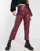 Violet Romance Belted Waist Pu Pants In Burgundy-brown