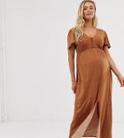 Asos Design Maternity Jersey Crepe Maxi Tea Dress With Self Covered Buttons In Brown Spot-multi