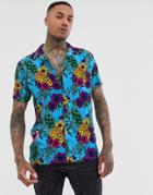 Urban Threads Revere Collar Shirt In Tropical Print - Blue
