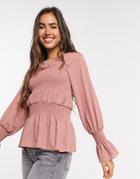 Asos Design Long Sleeve Top With Shirred Panel In Rose-no Color