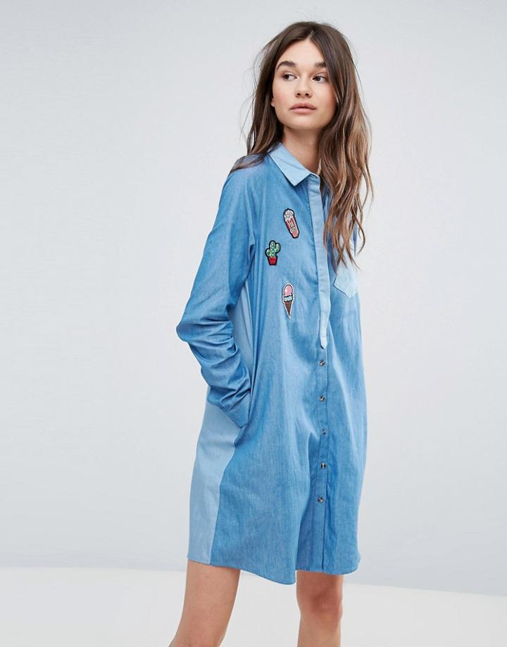 Liquorish Denim Shirt Dress With Patches - Blue