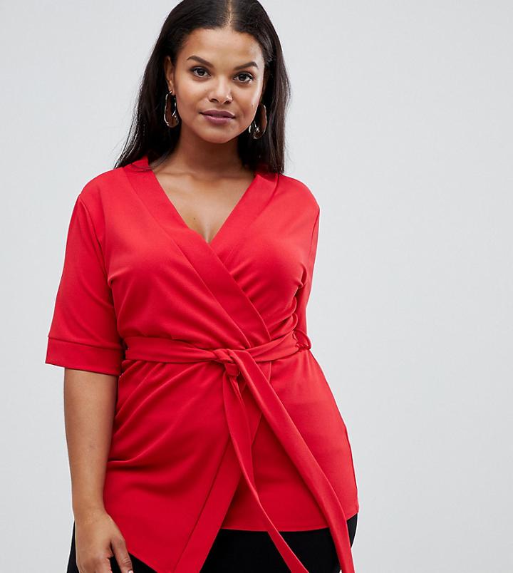 Prettylittlething Plus Wrap Kimono Sleeve Top In Red - Red