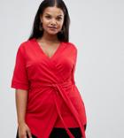 Prettylittlething Plus Wrap Kimono Sleeve Top In Red - Red