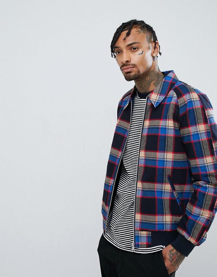 Asos Harrington Jacket In Blue Check - Navy