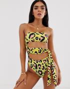 River Island Bandeau Swimsuit With Tie Side In Leopard Print