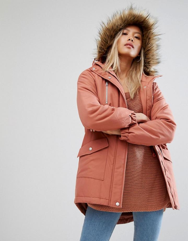 Noisy May Parka With Faux Fur Hood - Brown
