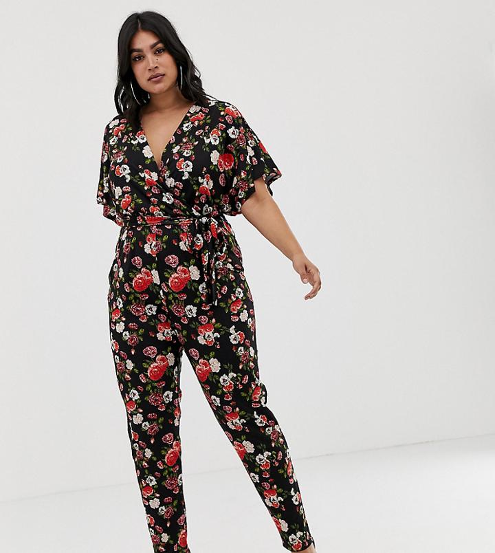 Pink Clove Wrap Jumpsuit In Rose Print - Black