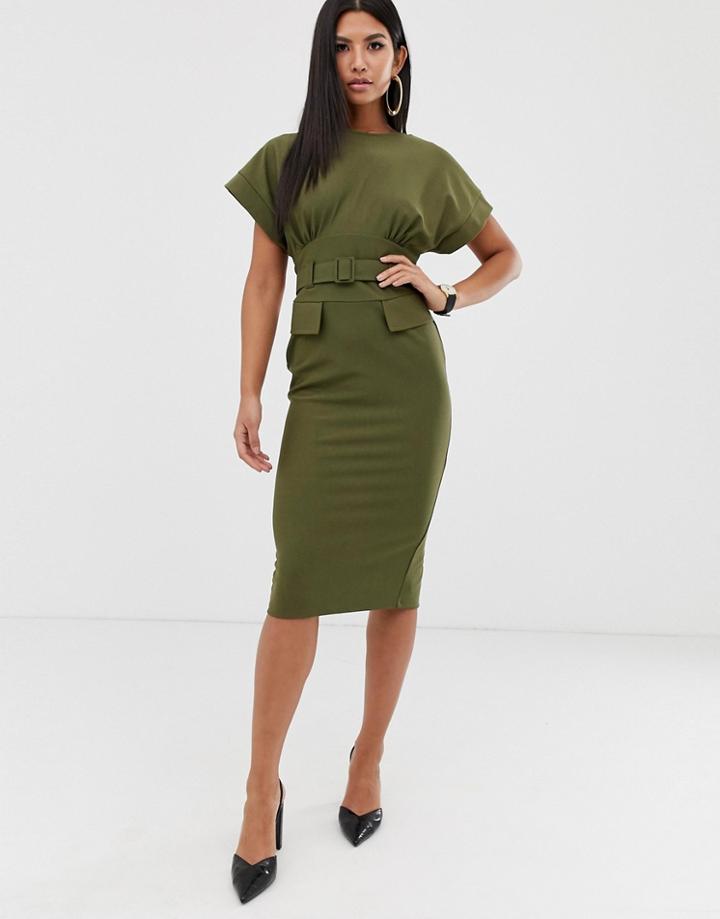 Asos Design Belted Midi Utility Pencil Dress-green