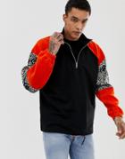 Asos Design Oversized Sweatshirt In Fleece With Half Zip And Geo-tribal Panels-black