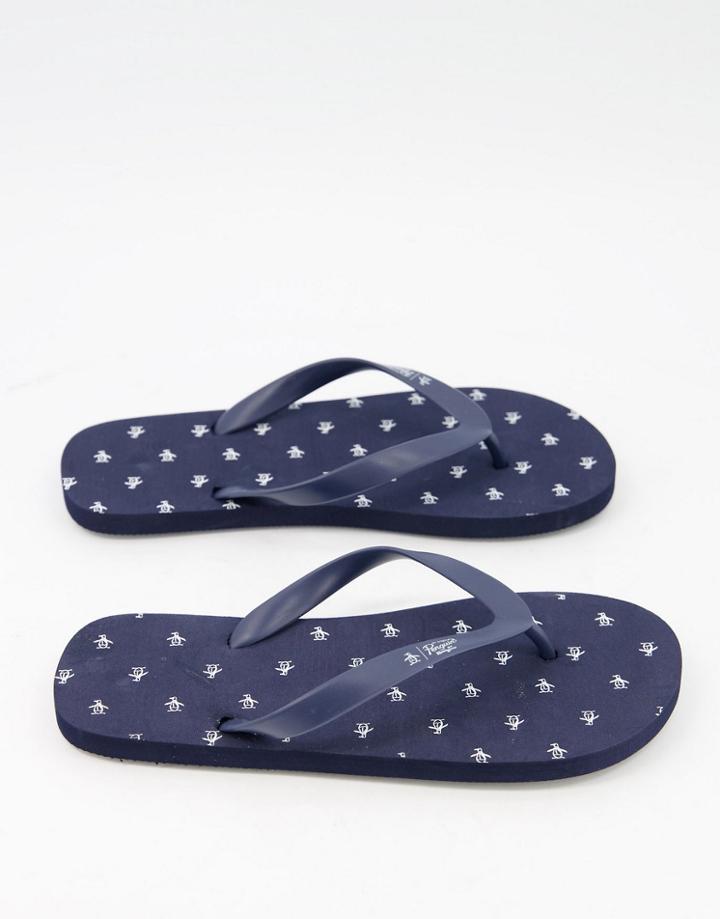 Original Penguin Logo Print Flip Flops In Navy