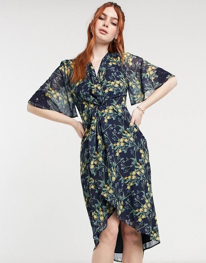 Hope & Ivy Kimono Knot Front Midi Dress In Navy Floral