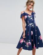 Chi Chi London Midi Dress With Frill Cold Shoulder - Multi
