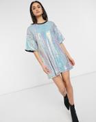 Urban Threads Sequin T-shirt Dress In Iridescent White