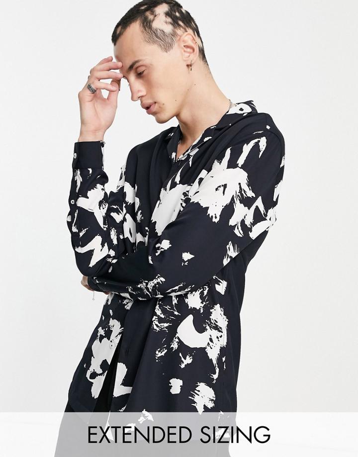 Asos Design Revere Shirt In Abstact Leaf Print-navy