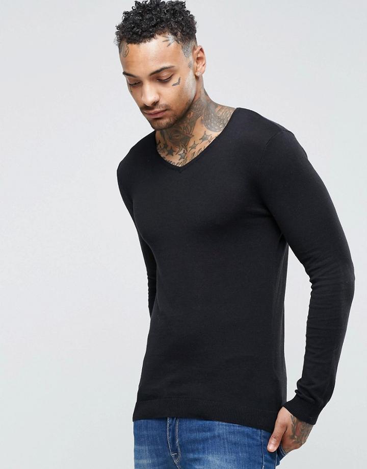 Asos Muscle Fit V Neck Sweater In Black Cotton - Black