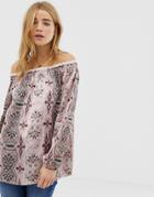 Qed London Off Shoudler Tunic Top In Border Print