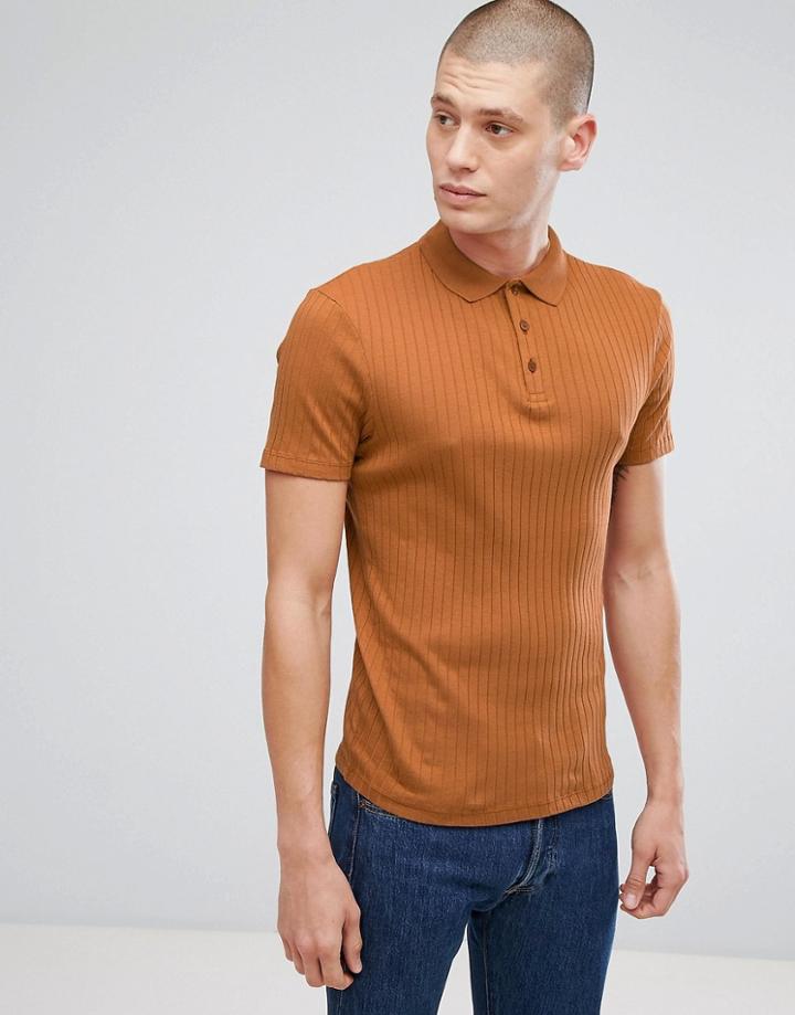 Asos Muscle Polo Shirt In Heavy Rib In Tan - Brown