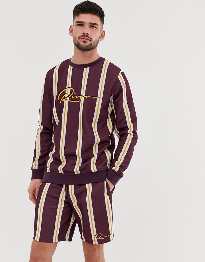 River Island Stripe Sweatshirt With Embroidery In Burgundy - Red