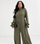 Verona Curve Long Sleeve Jumpsuit With Frill Sleeves In Khaki-green