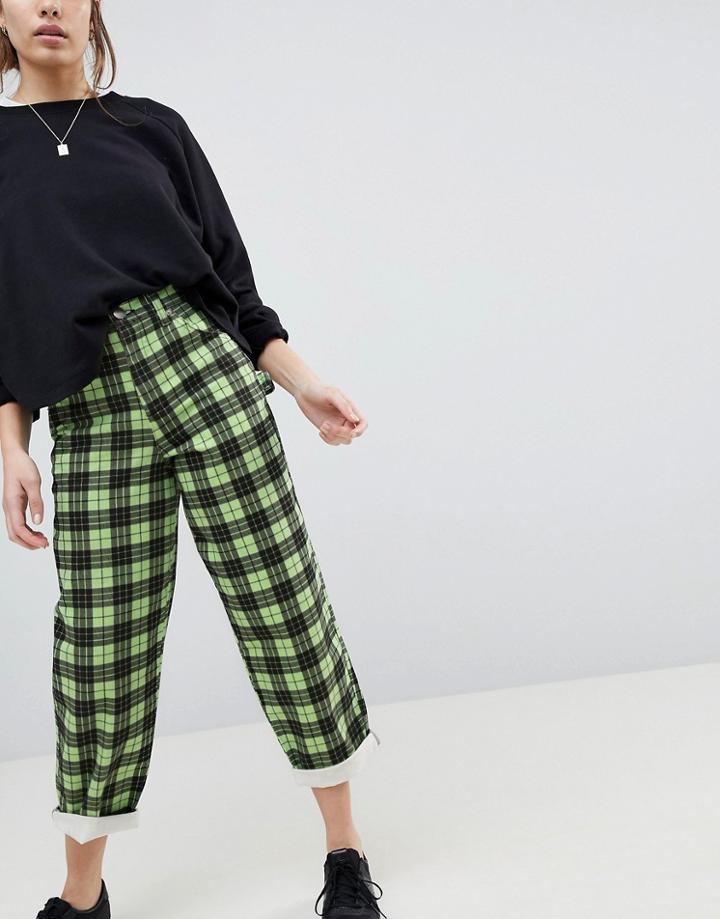 Asos Carpenter Boyfriend Jeans In Green Check Print - Blue