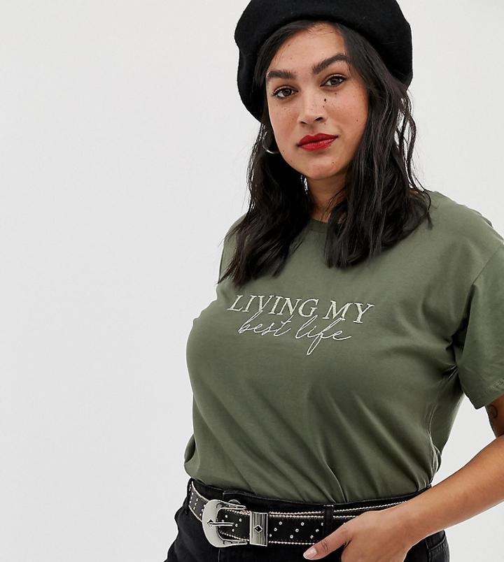 New Look Curve Slogan Tee In Khaki - Green