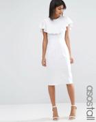 Asos Tall Wiggle Dress In Linen With Frill Detail - White