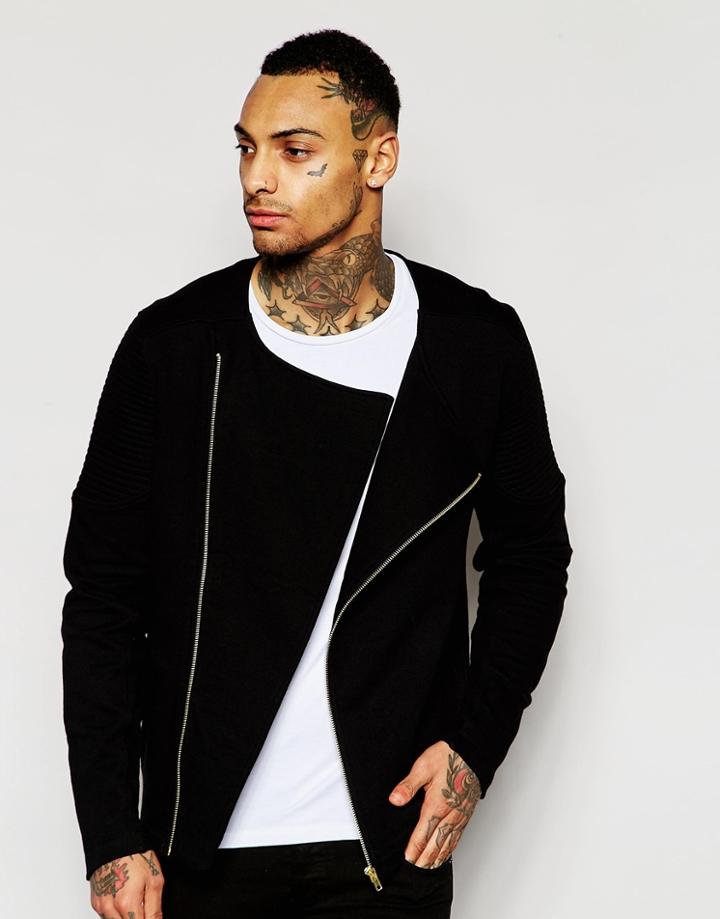 Asos Collarless Jersey Biker Jacket With Gold Zips - Black
