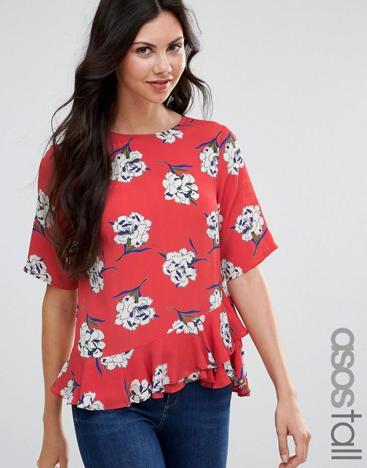 Asos Tall T-shirt In Floral Print With Ruffle Hem - Multi