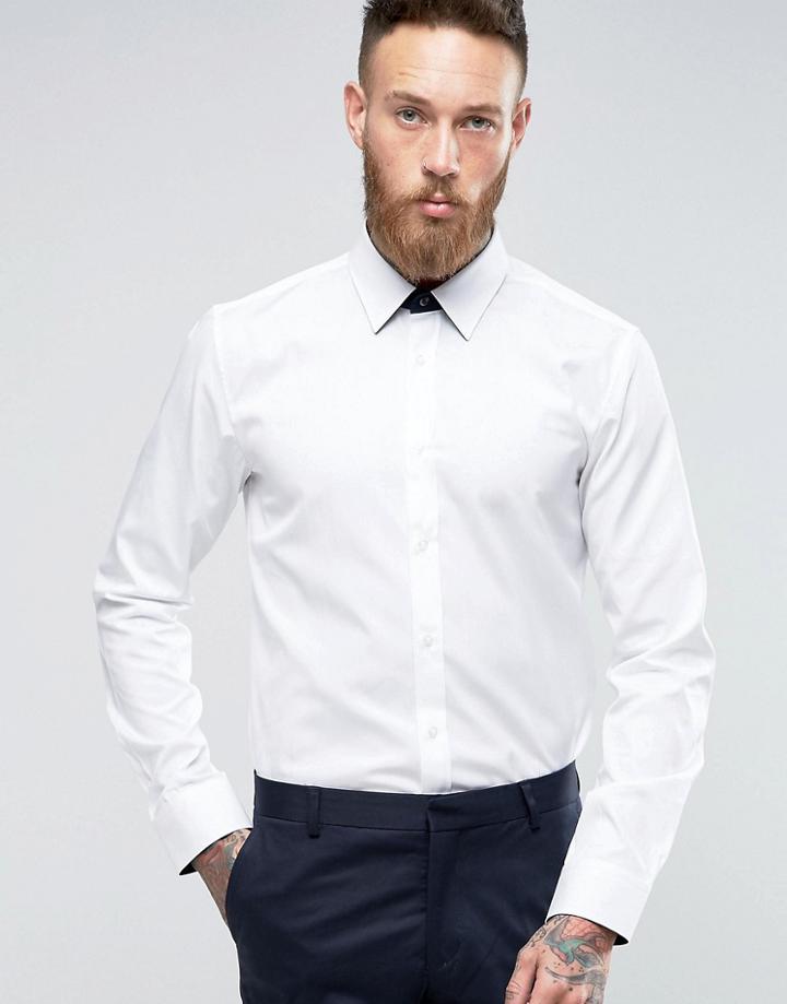 Hugo By Hugo Boss Smart Shirt With Leather Tab In White Slim Fit - White