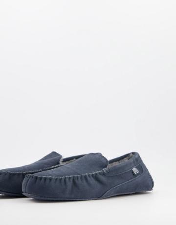 Sheepskin By Totes Leather Moccasin Slippers In Navy