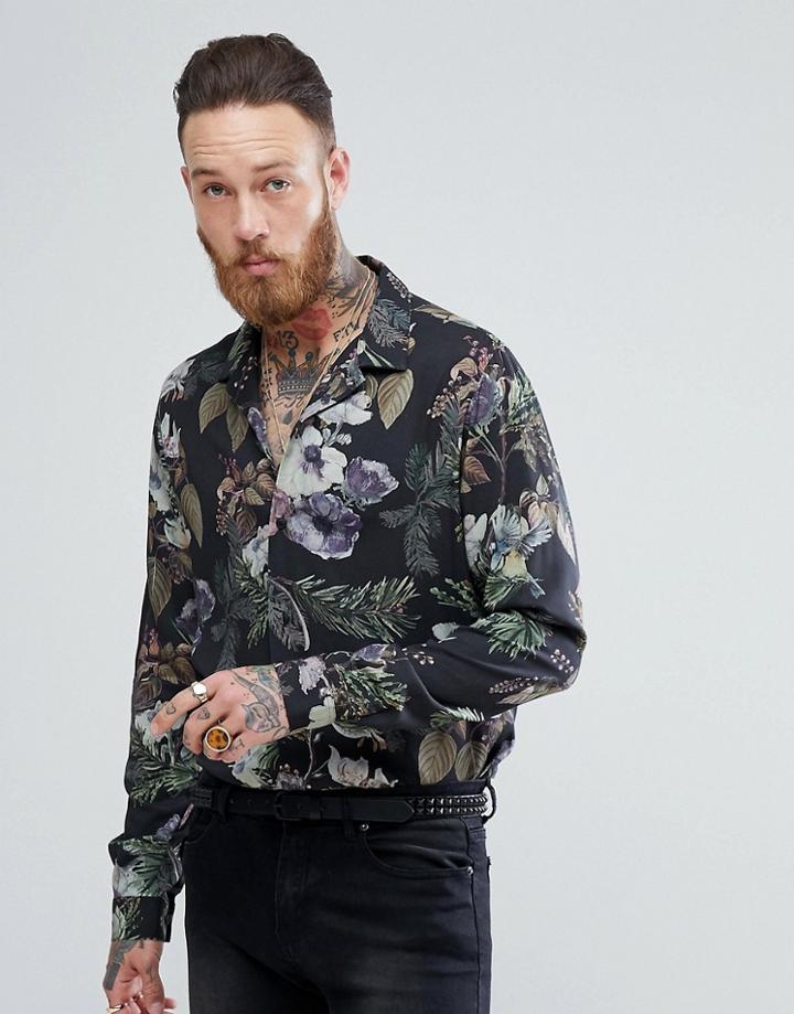 Asos Regular Fit Viscose Floral Shirt - Black