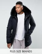 Sixth June Plus Parka Jacket In Black With Faux Fur Hood - Black