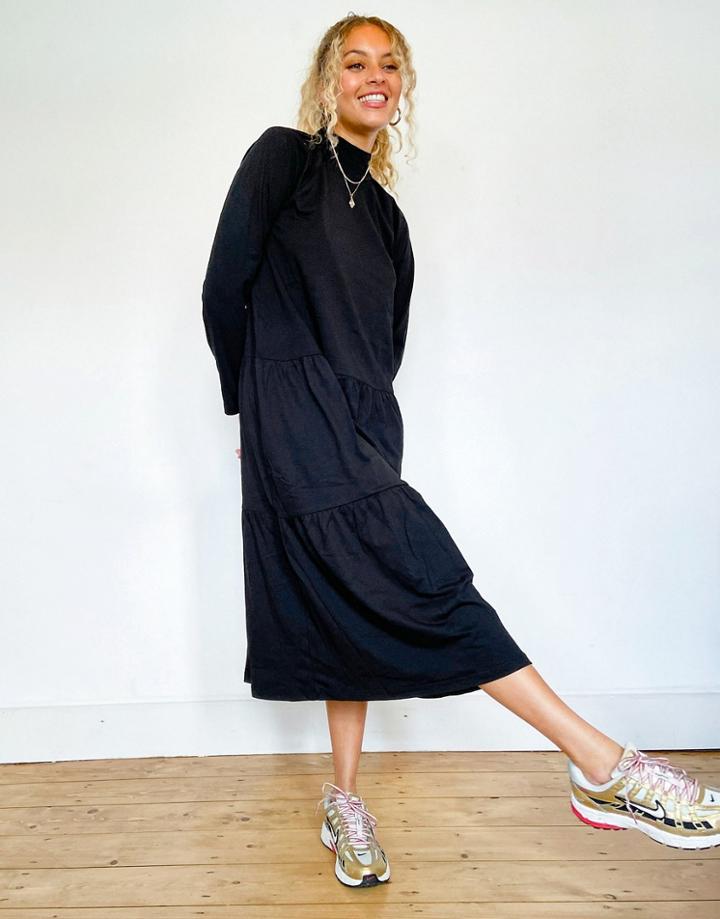 Asos Design Smock Midi Dress With Tiered Hem In Black