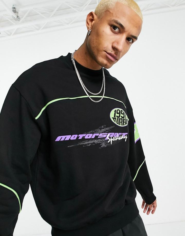 Asos Design Oversized Sweatshirt In Black With Piping And Motocross Prints