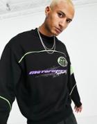 Asos Design Oversized Sweatshirt In Black With Piping And Motocross Prints