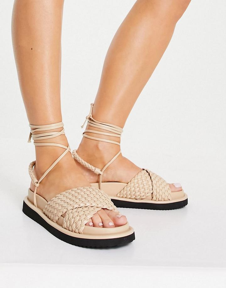 River Island Woven Strappy Flat Sandal In Beige-neutral