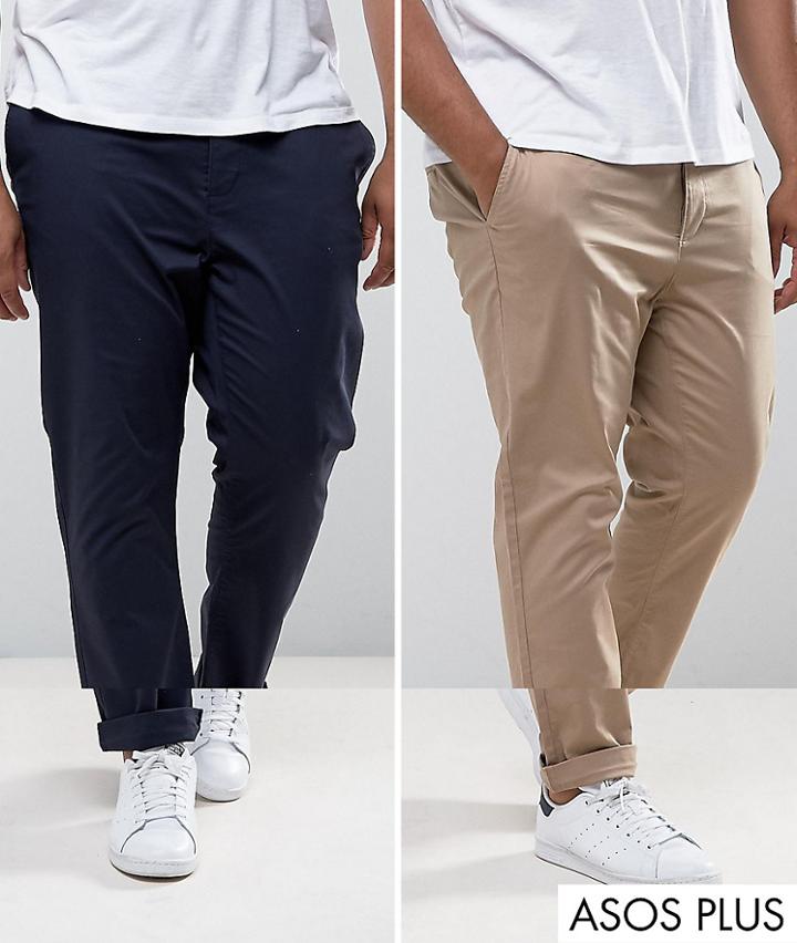 Asos Design Plus 2 Pack Slim Chinos In Stone & Navy Save - Multi
