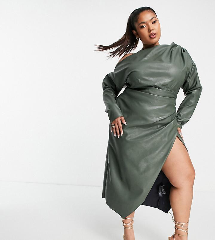 Asos Design Curve Off Shoulder Pu Midi Dress With Tuck Detail Bodice-green