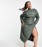 Asos Design Curve Off Shoulder Pu Midi Dress With Tuck Detail Bodice-green
