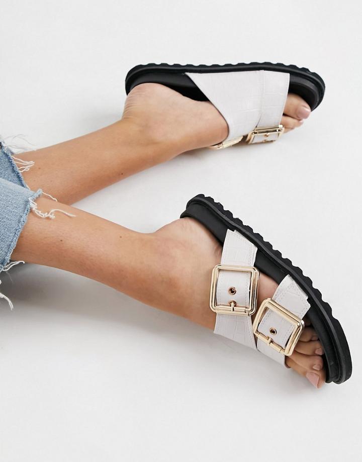 Glamorous Chunky Flat Sandals In Bone Croc-white