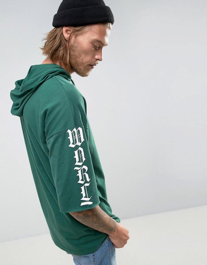 Asos Oversized T-shirt With Hood & Gothic Sleeve Print - Green