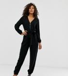 Asos Design Tall Zip Front Tie Waist Boilersuit With Pockets - Black